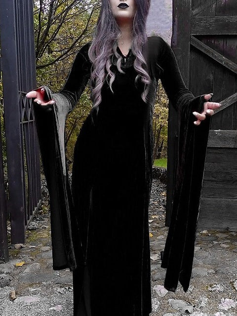 Robe Vintage Trapèze/Princesse à Manches Longues et Col Bijou, Longueur Au Sol, avec Fente Sur le Côté