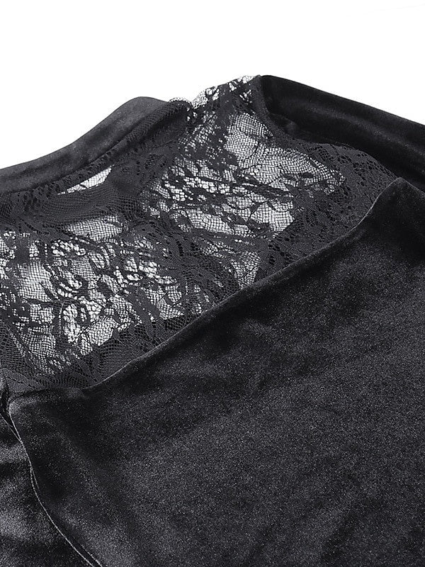 Robe Vintage Trapèze/Princesse à Manches Longues et Col Bijou, Longueur Au Sol, avec Fente Sur le Côté