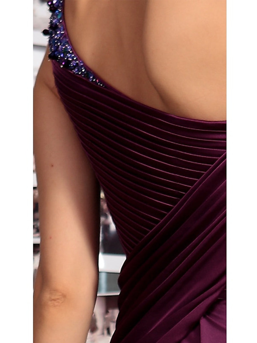 Robe Fourreau Asymétrique Sans Manches, Longueur Au Sol, pour Mère de la Mariée, avec Plis et Cristaux Drapés