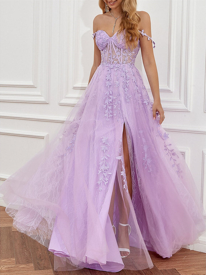 Robe de Bal Trapèze à Traîne Courte Sans Manches en Tulle Dos Nu avec Décolleté en Cœur et Applications Fendues en Perles