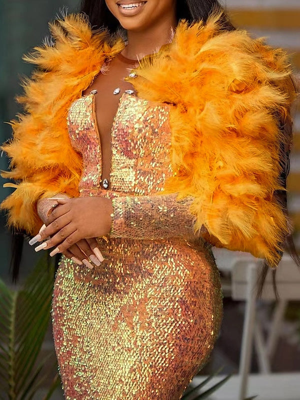 Robe de Bal Sirène/Trompette à Manches Longues et Col en V, Longueur Au Sol, Robe Scintillante et Brillante, Pailletée avec Cristaux en Plumes