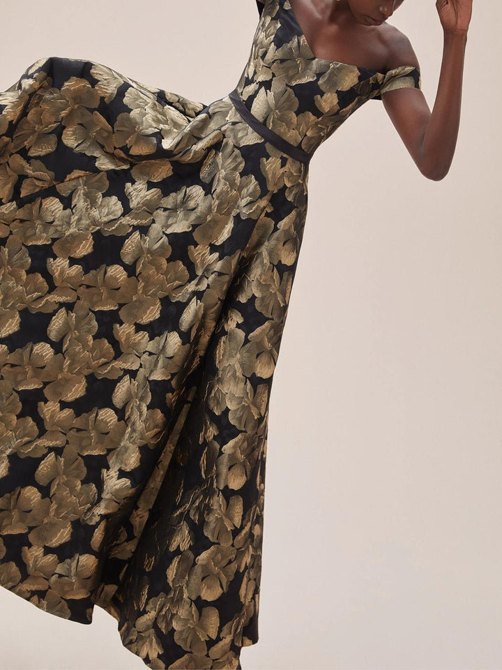 Robe de Soirée Trapèze/Princesse à Épaules Dénudées et Manches Courtes, Longueur Au Sol, avec Imprimé Floral