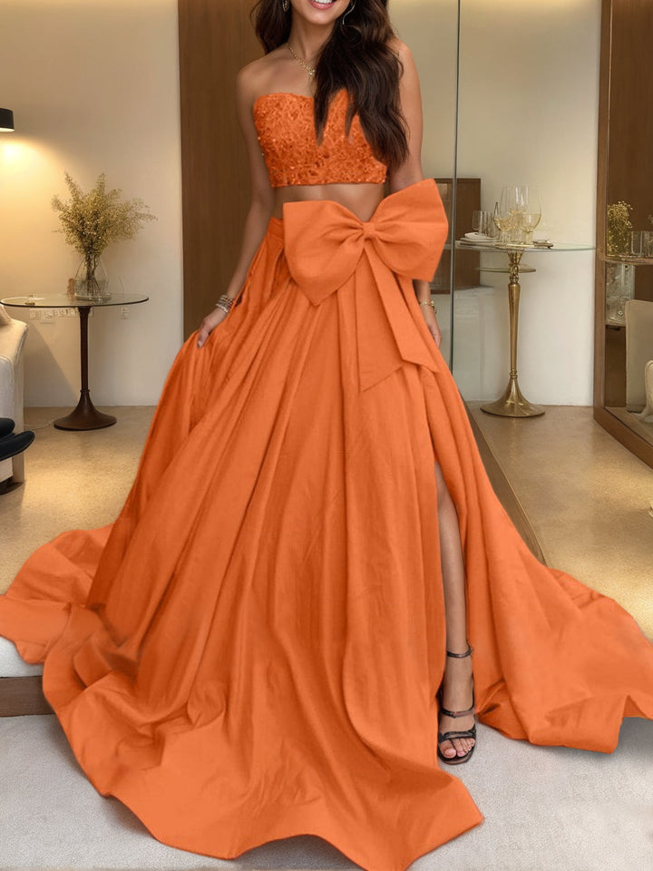 Robe de Soirée Trapèze/Princesse Sans Manches, Sans Bretelles, Traîne avec Nœud(S)