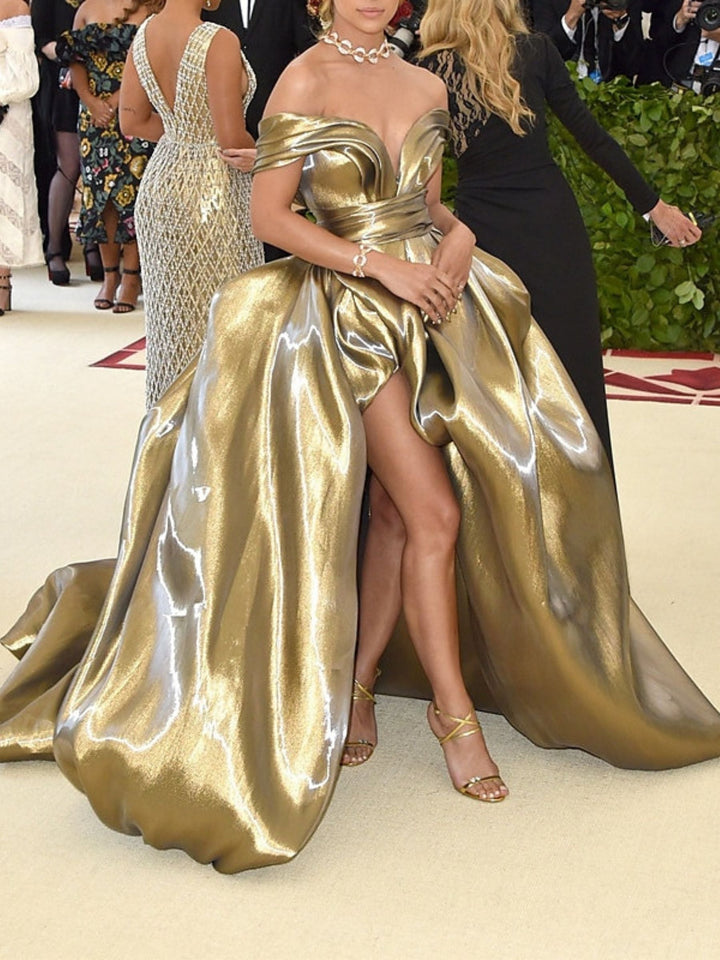 Robe de Soirée Trapèze/Princesse Sans Manches à Épaules Dénudées et Longueur Au Sol avec Fente Haute