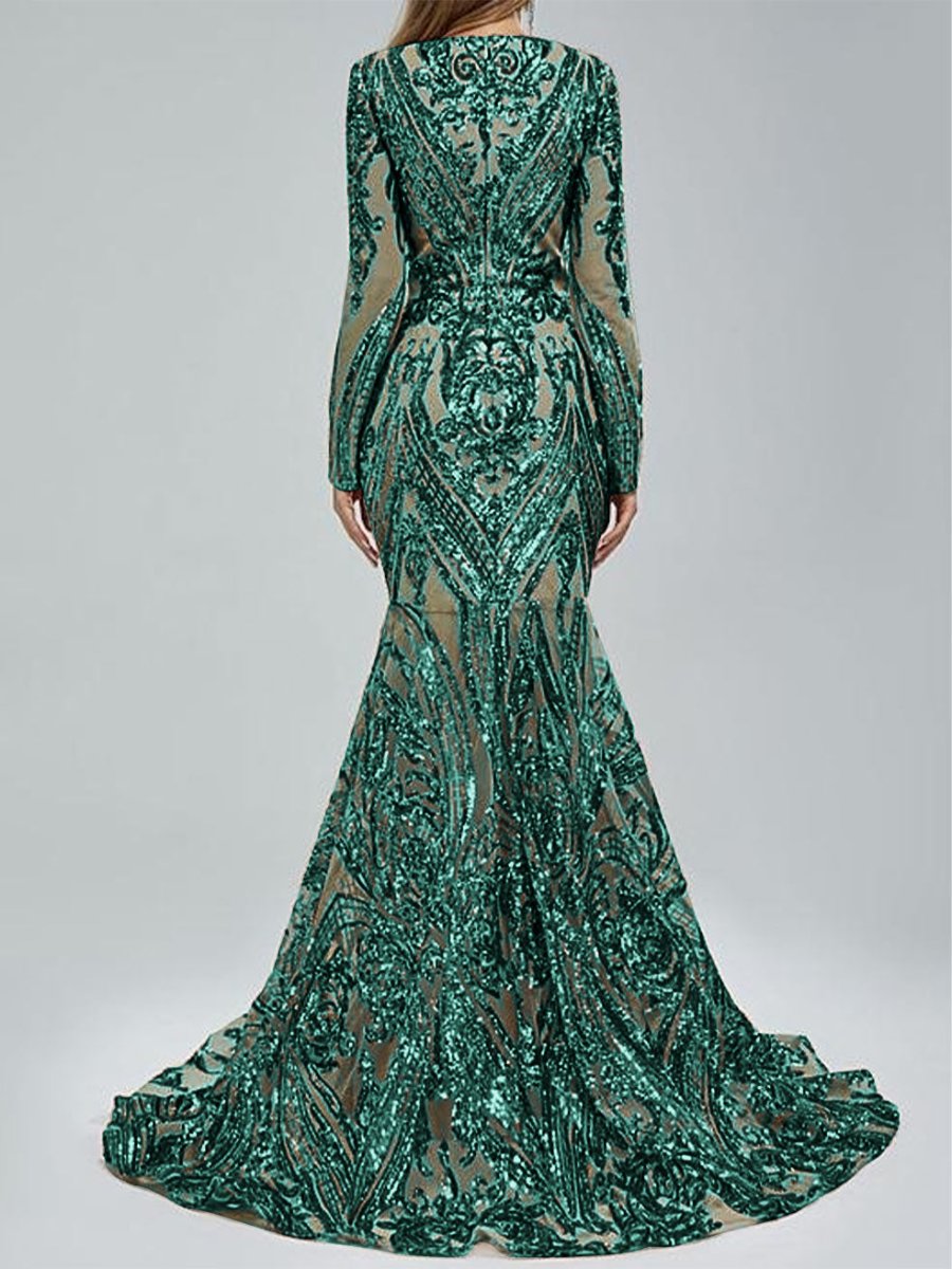 Robe de Soirée Sirène à Col en V et Manches Longues avec Paillettes