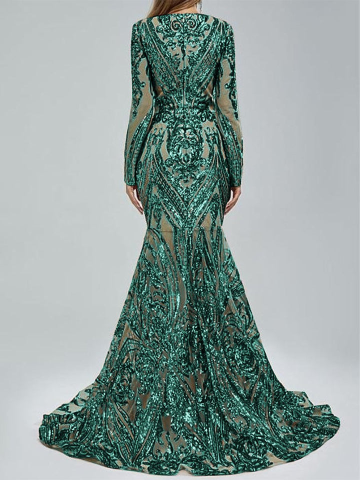 Robe de Soirée Sirène à Col en V et Manches Longues avec Paillettes