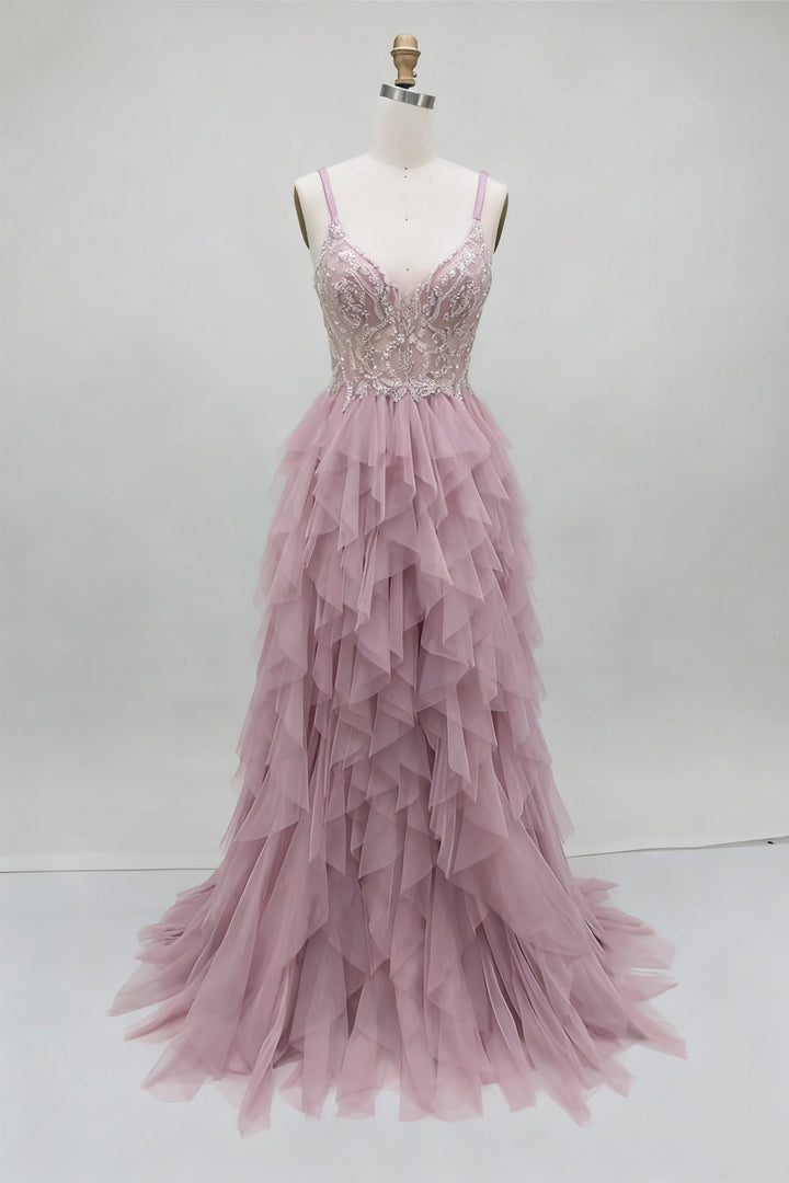 Robe soirée fourreau col V, dentelle sans manches, traîne, appliques