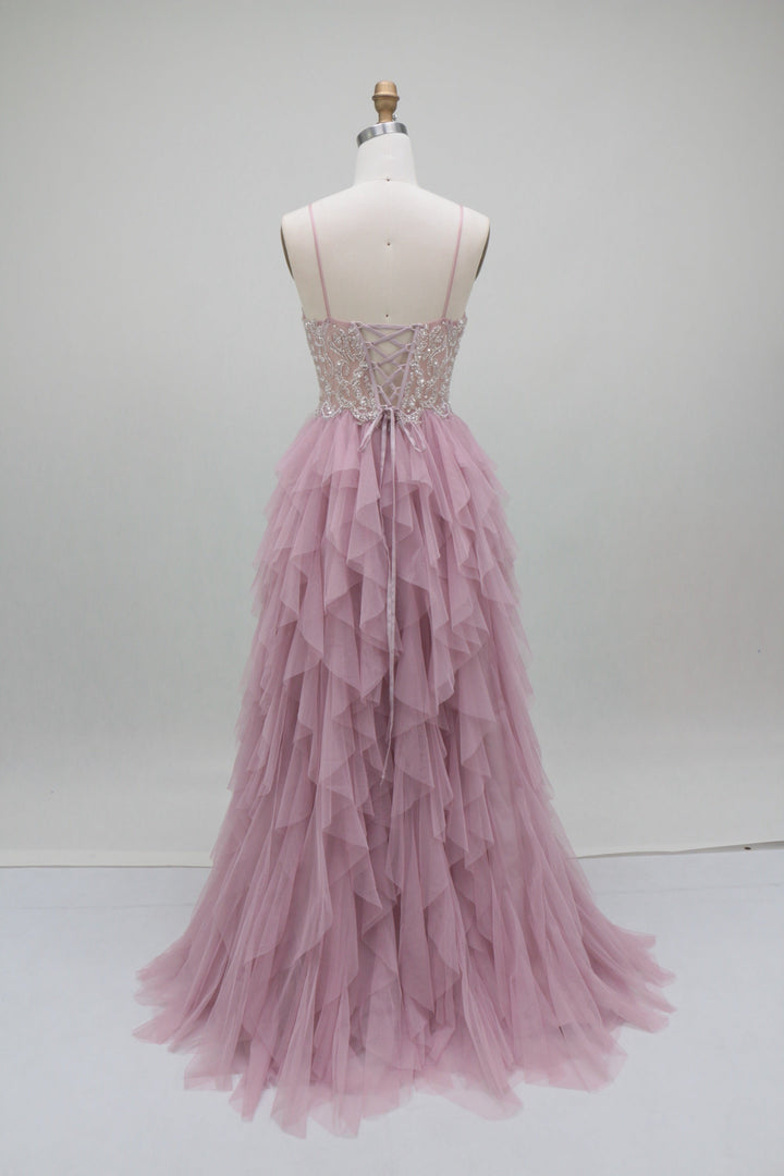 Robe soirée fourreau col V, dentelle sans manches, traîne, appliques