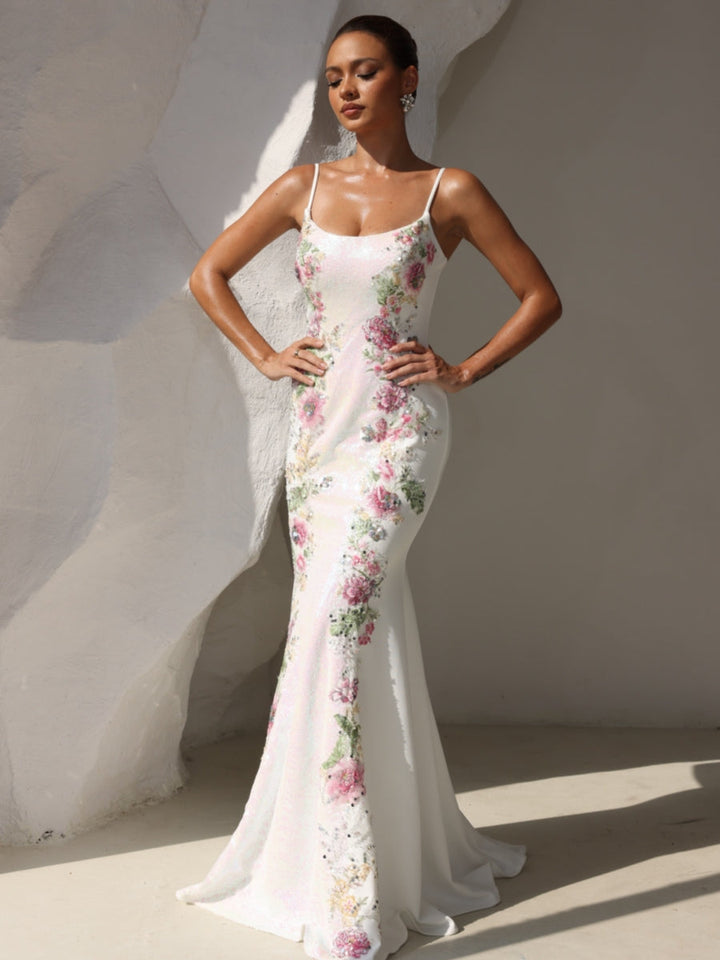 Robe soirée sirène bretelles spaghetti floral sequins, longueur sol