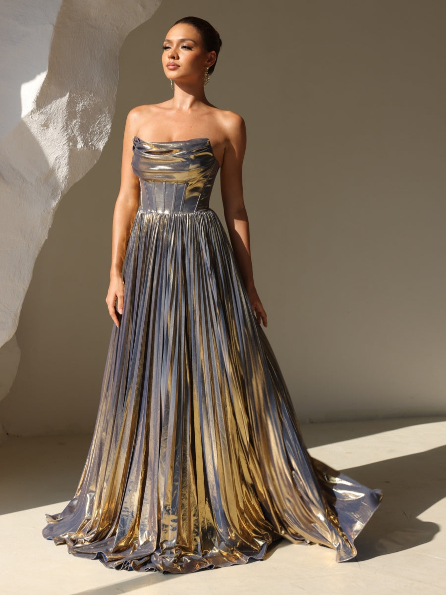 Robe soirée ligne A sans bretelles, longueur sol, plissé, fente latérale