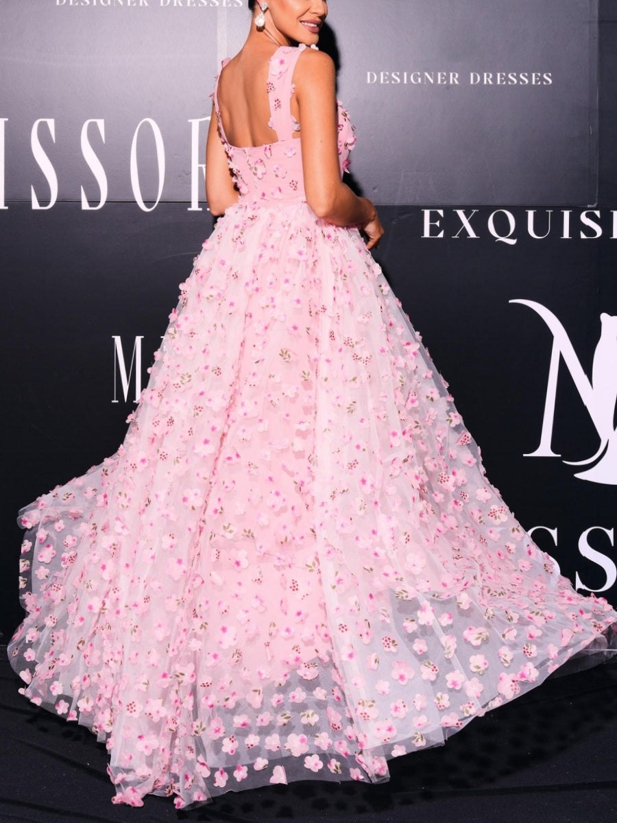 Robe soirée ligne A col carré tulle fleurs, fente latérale, longueur sol