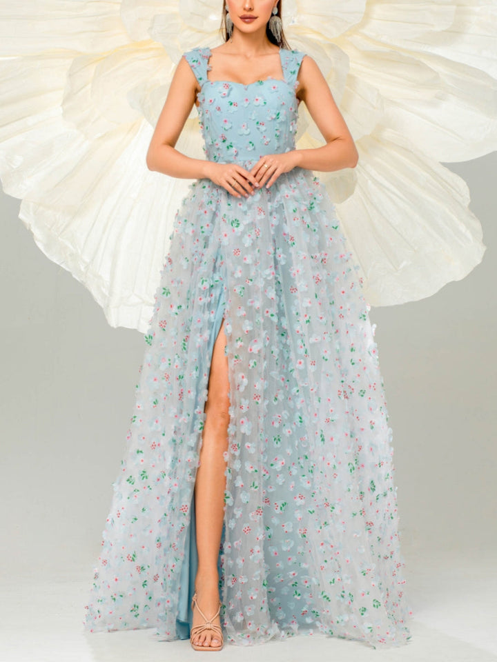 Robe soirée ligne A col carré tulle fleurs, fente latérale, longueur sol