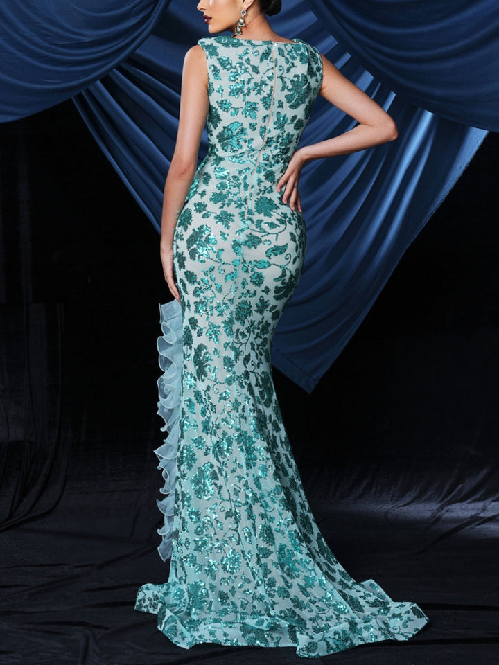 Robe soirée sirène col V sequins, fente latérale, longueur sol