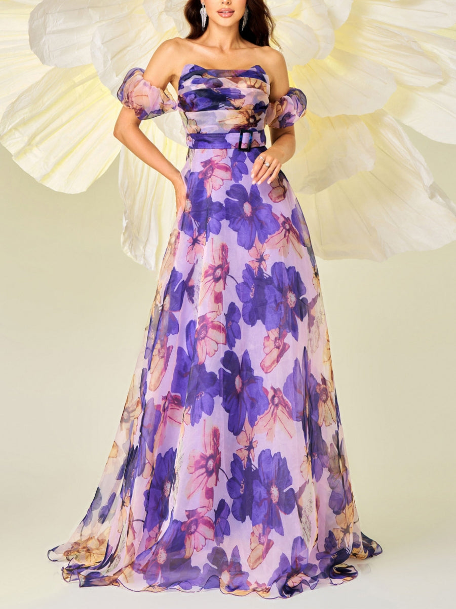 Robe soirée ligne A sans bretelles mousseline floral, sans manches, longueur sol