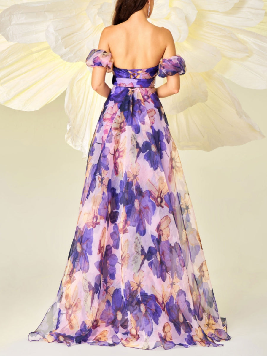 Robe soirée ligne A sans bretelles mousseline floral, sans manches, longueur sol