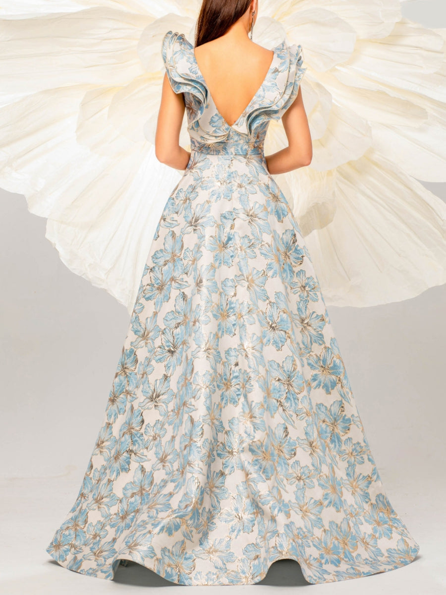 Robe soirée sirène col V satin floral, sans manches, volants, longueur sol