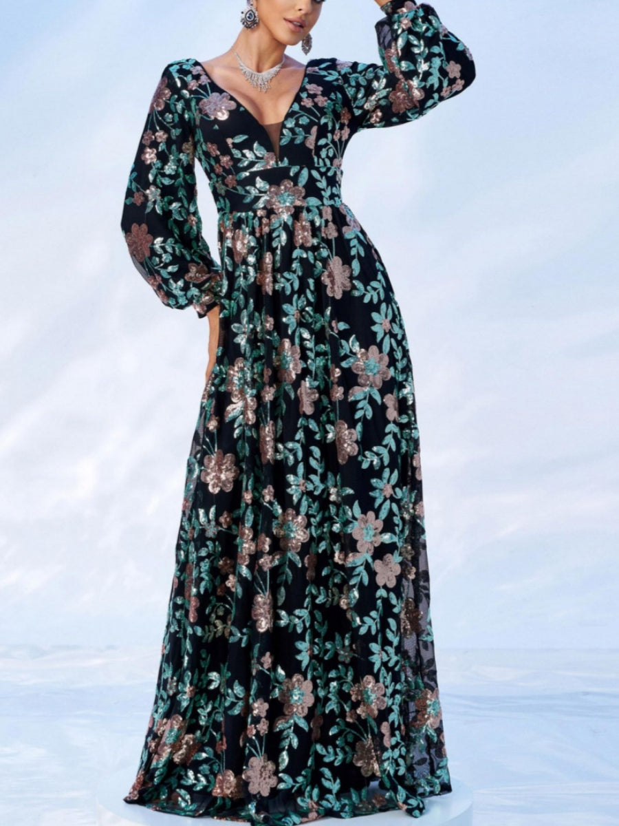 Robe soirée ligne A col V floral sequins manches longues, dos profond V, longueur sol