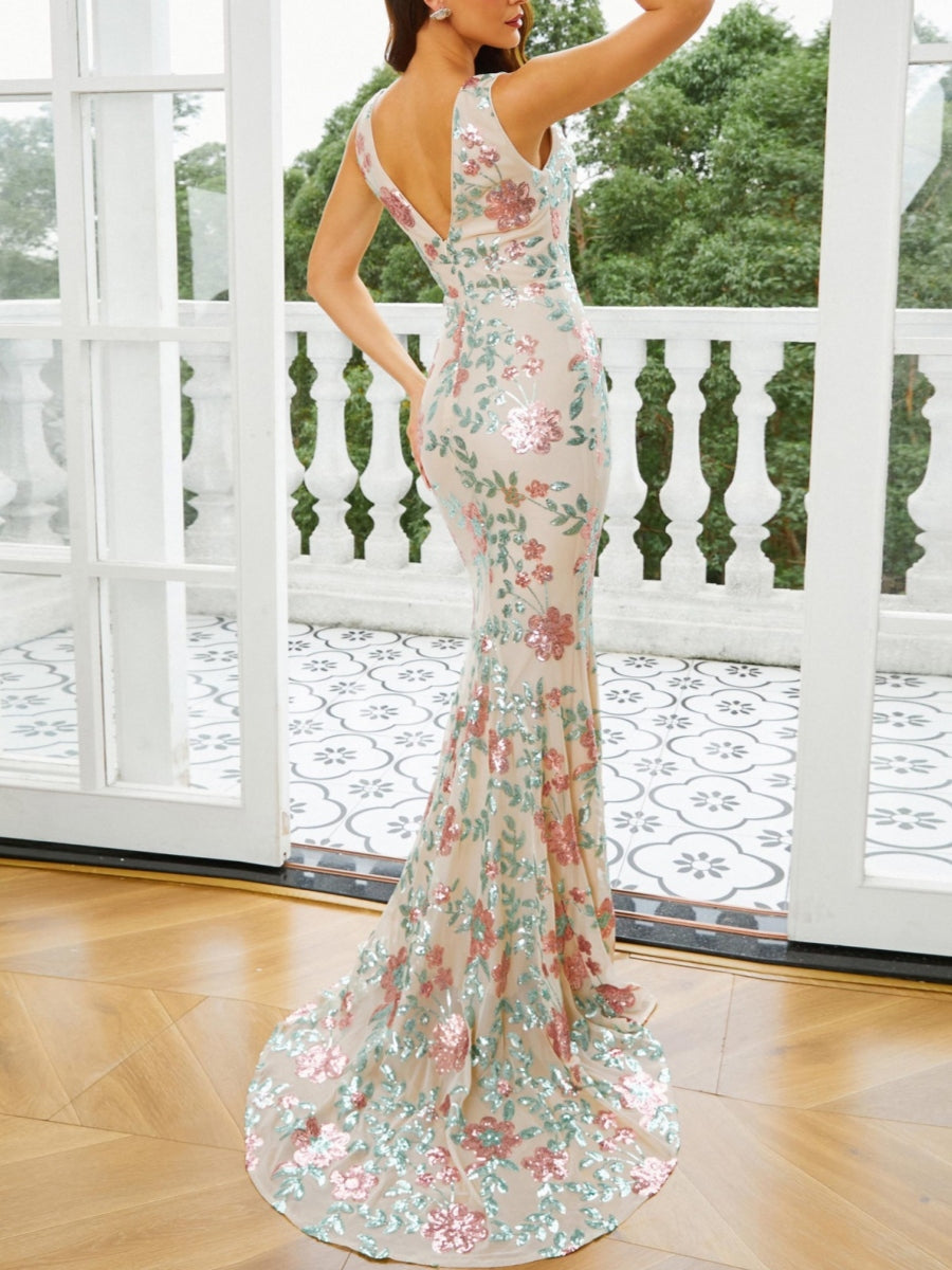 Robe soirée sirène col V floral sequins sans manches, traîne, longueur sol
