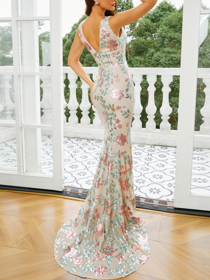 Robe soirée sirène col V floral sequins sans manches, traîne, longueur sol