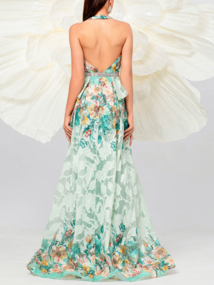 Robe soirée ligne A halter mousseline floral, fente latérale, sans manches, longueur sol