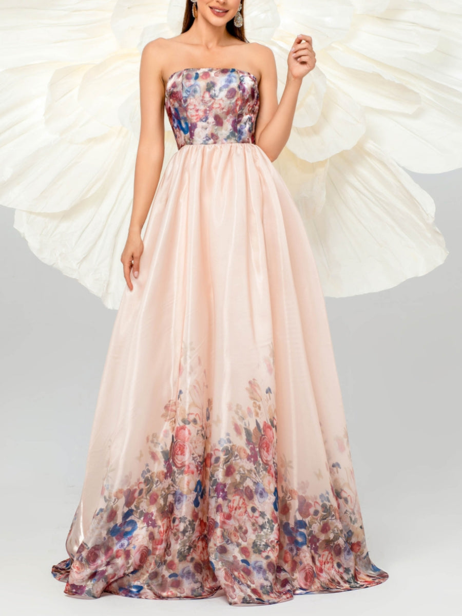 Robe soirée ligne A sans bretelles imprimé floral, sans manches, lacets, longueur sol