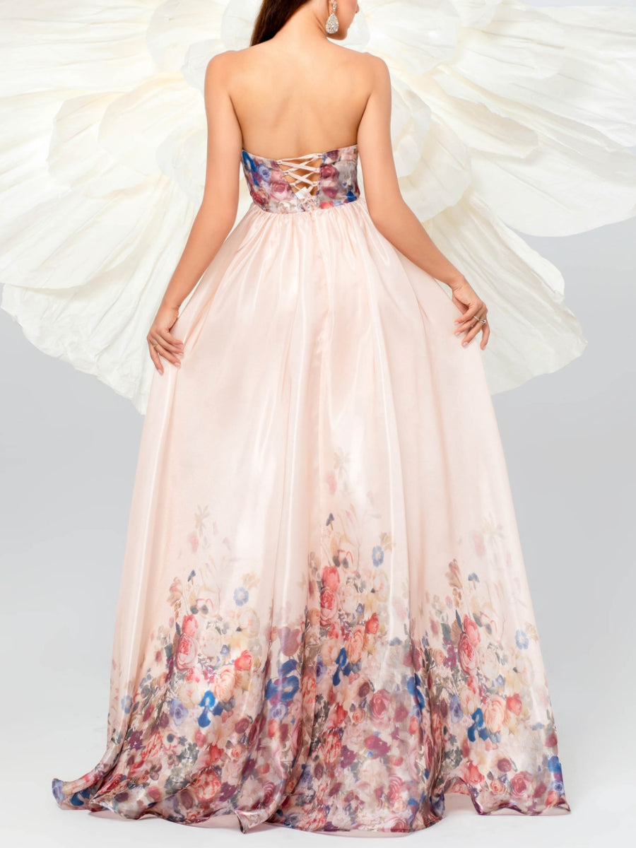 Robe soirée ligne A sans bretelles imprimé floral, sans manches, lacets, longueur sol