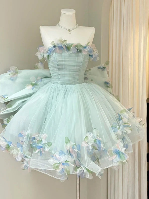 Robe Courte de Fête Sans Bretelles Tulle Florale Sans Manches Ligne A/Princesse avec Fleurs 3D et Nœud Papillon