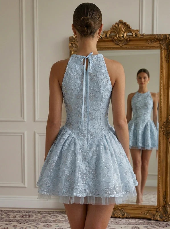 Robe Courte de Fête à Col Rond Broderie Florale Sans Manches Ligne A/Princesse