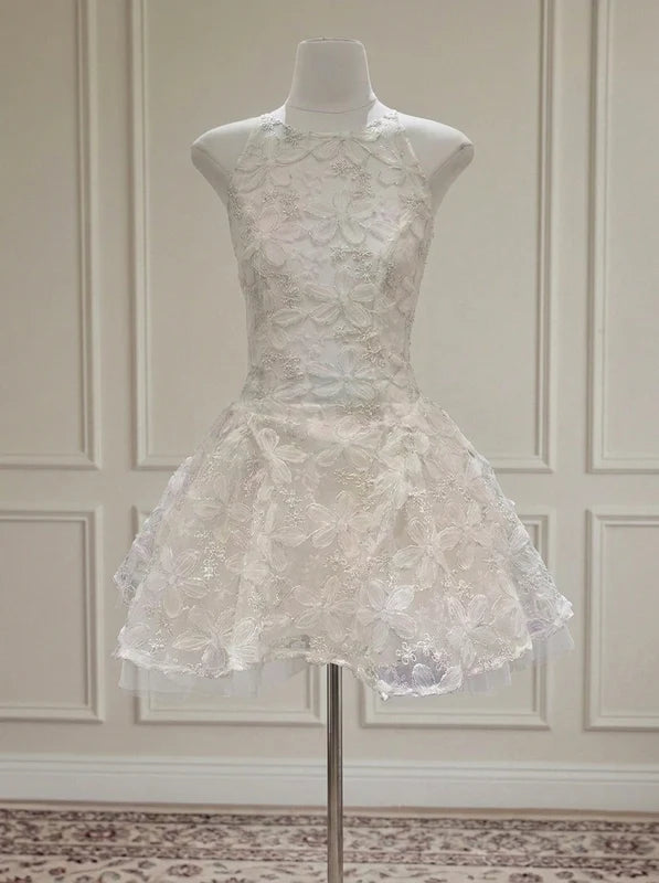 Robe Courte de Fête à Col Rond Broderie Florale Sans Manches Ligne A/Princesse