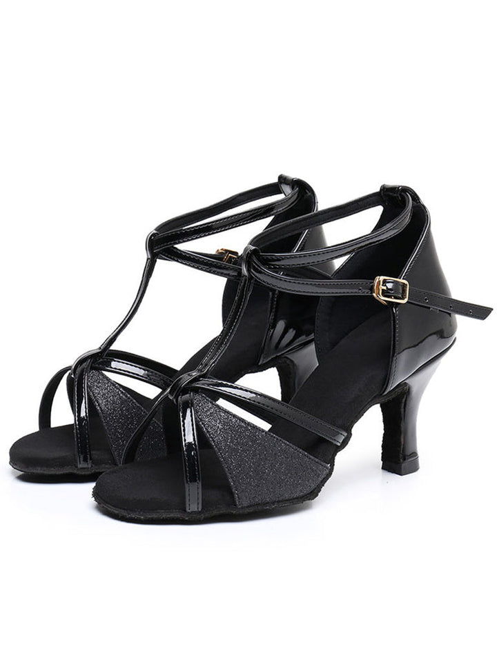 Chaussures de Danse pour Femmes, Chaussures Latines à Talons Hauts et Bout Ouvert avec Boucle à Paillettes Scintillantes et Strass