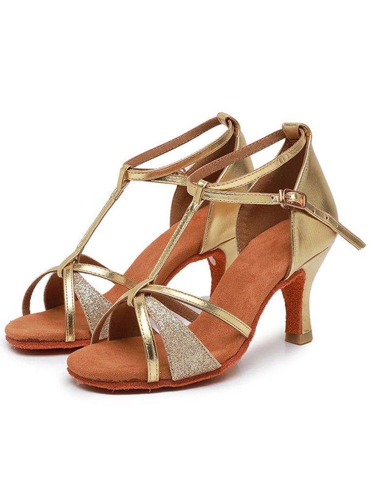 Chaussures de Danse pour Femmes, Chaussures Latines à Talons Hauts et Bout Ouvert avec Boucle à Paillettes Scintillantes et Strass