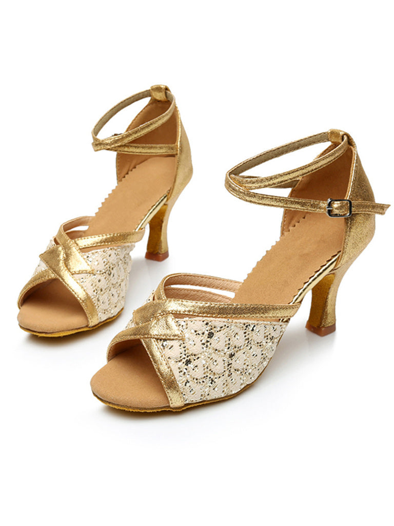 Chaussures de Danse pour Femmes, Chaussures Latines à Bout Ouvert et Bride à la Cheville, à Paillettes