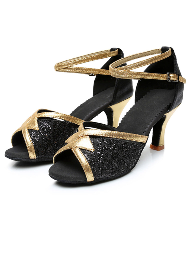 Chaussures de Danse pour Femmes, Chaussures Latines à Bout Ouvert et Bride à la Cheville, à Paillettes