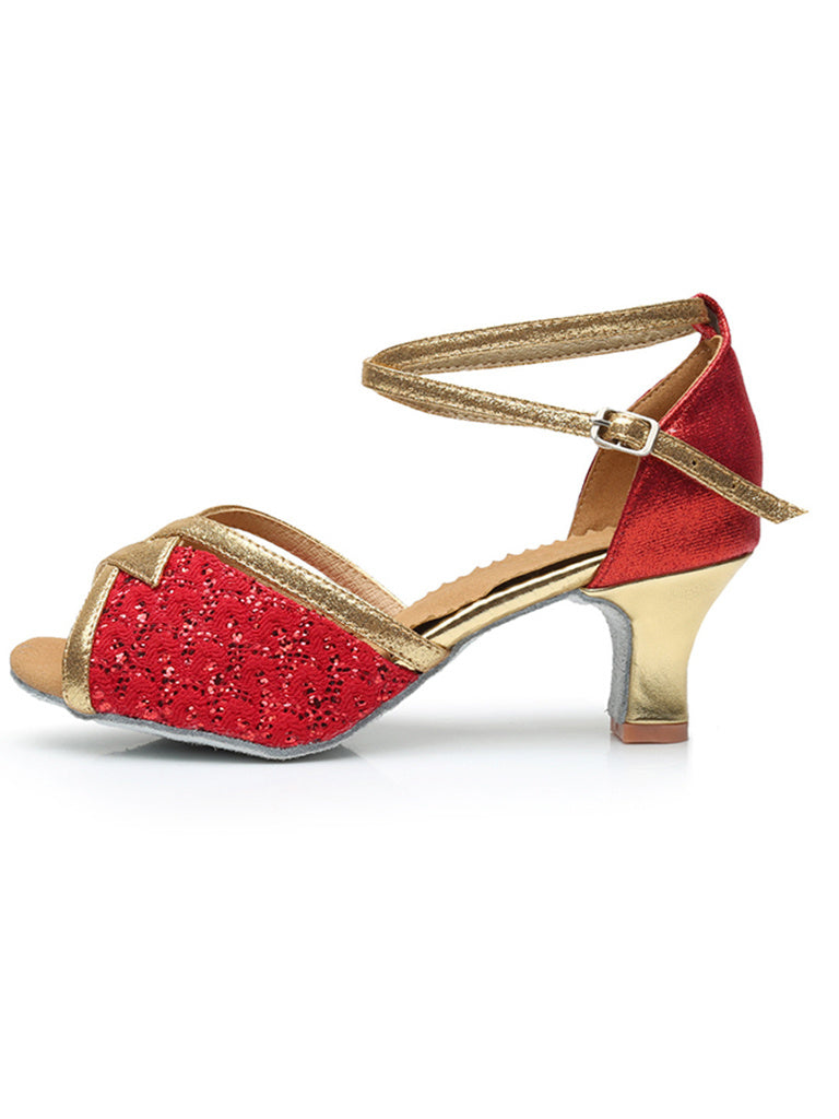 Chaussures de Danse pour Femmes, Chaussures Latines à Bout Ouvert et Bride à la Cheville, à Paillettes