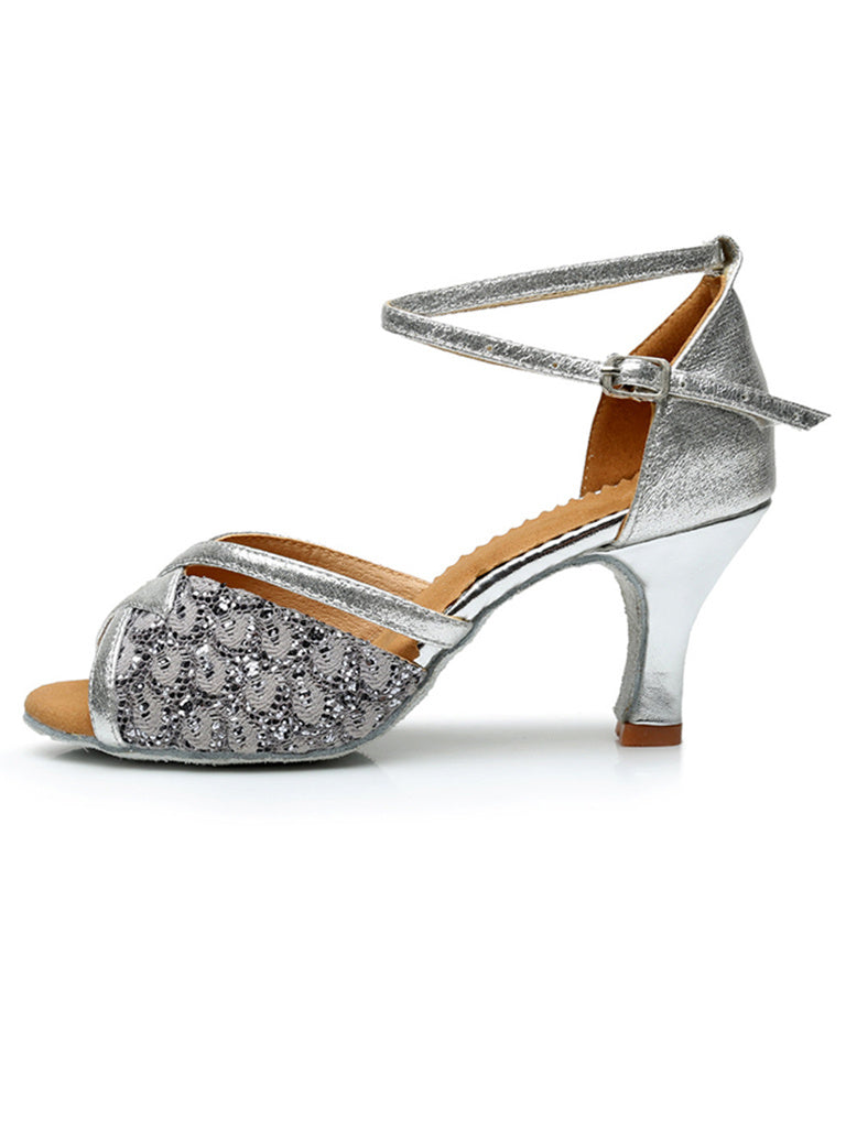 Chaussures de Danse pour Femmes, Chaussures Latines à Bout Ouvert et Bride à la Cheville, à Paillettes