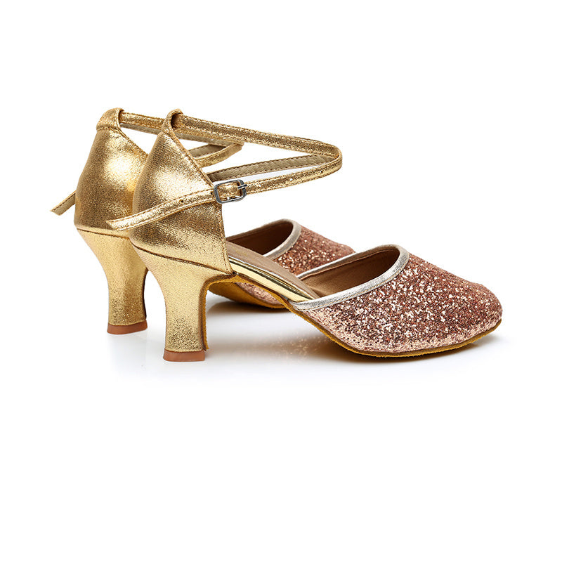 Chaussures de Danse pour Femmes, Bride à la Cheville, Talon, Bout Rond, Chaussures Latines à Paillettes