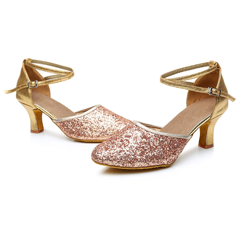 Chaussures de Danse pour Femmes, Bride à la Cheville, Talon, Bout Rond, Chaussures Latines à Paillettes