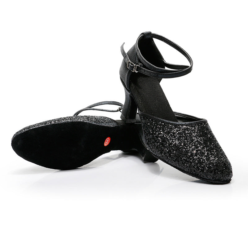 Chaussures de Danse pour Femmes, Bride à la Cheville, Talon, Bout Rond, Chaussures Latines à Paillettes