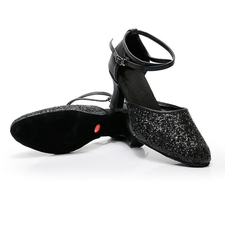 Chaussures de Danse pour Femmes, Bride à la Cheville, Talon, Bout Rond, Chaussures Latines à Paillettes
