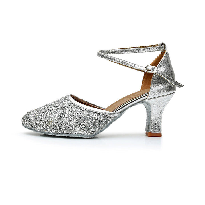 Chaussures de Danse pour Femmes, Bride à la Cheville, Talon, Bout Rond, Chaussures Latines à Paillettes