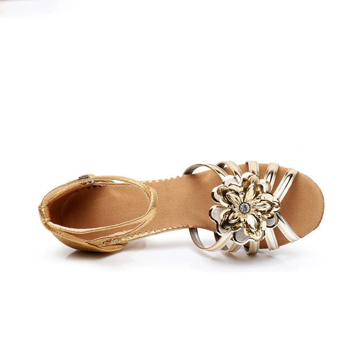 Chaussures de Danse pour Femmes, Chaussures Latines en Satin à Talon Bas et Bout Ouvert avec Bride à la Cheville et Fleurs