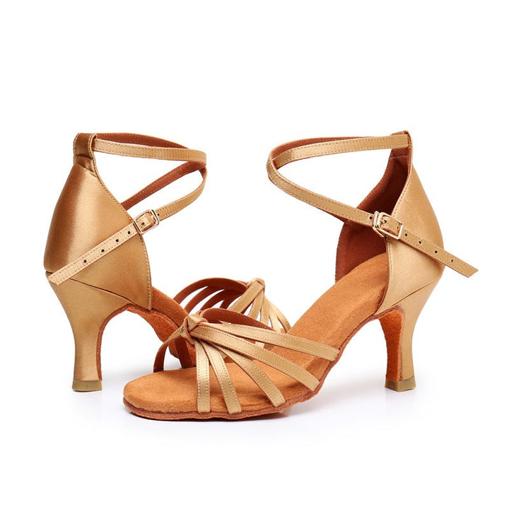 Chaussures de Danse pour Femmes avec Boucle et Bride à la Cheville, Talon et Bout Ouvert, Chaussures de Danse Latine en Satin Pu
