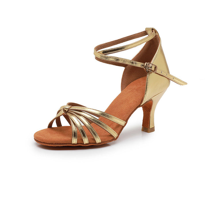 Chaussures de Danse pour Femmes avec Boucle et Bride à la Cheville, Talon et Bout Ouvert, Chaussures de Danse Latine en Satin Pu