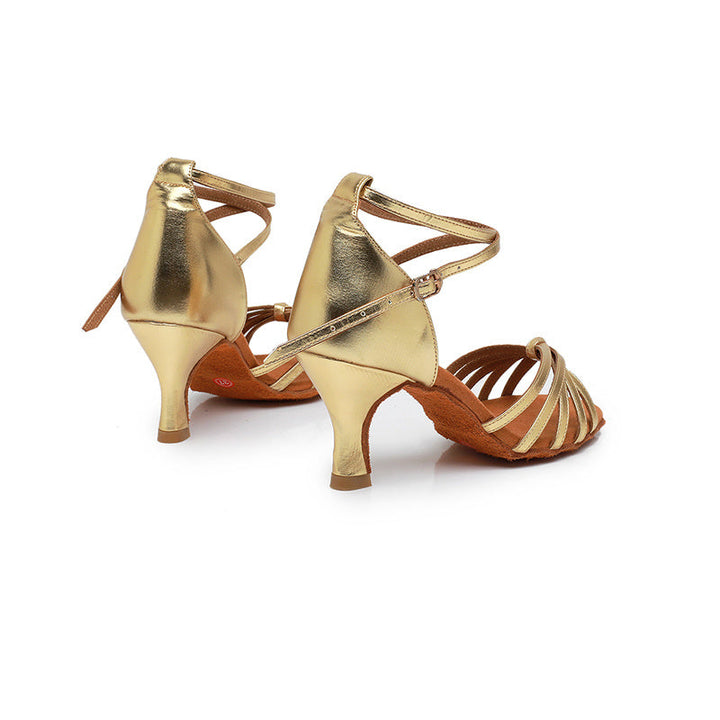 Chaussures de Danse pour Femmes avec Boucle et Bride à la Cheville, Talon et Bout Ouvert, Chaussures de Danse Latine en Satin Pu