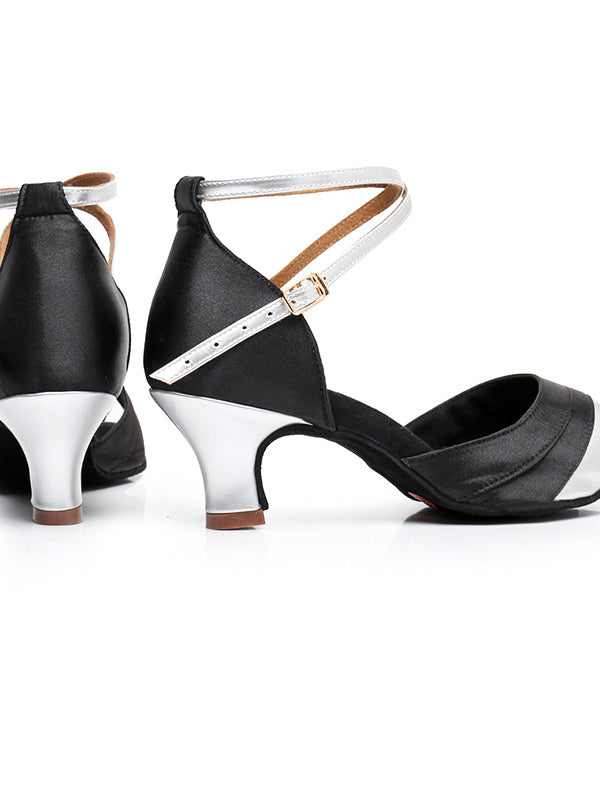 Chaussures de Danse pour Femmes avec Boucle et Bride à la Cheville, Talon et Bout Ouvert, Chaussures Latines en Satin Pu