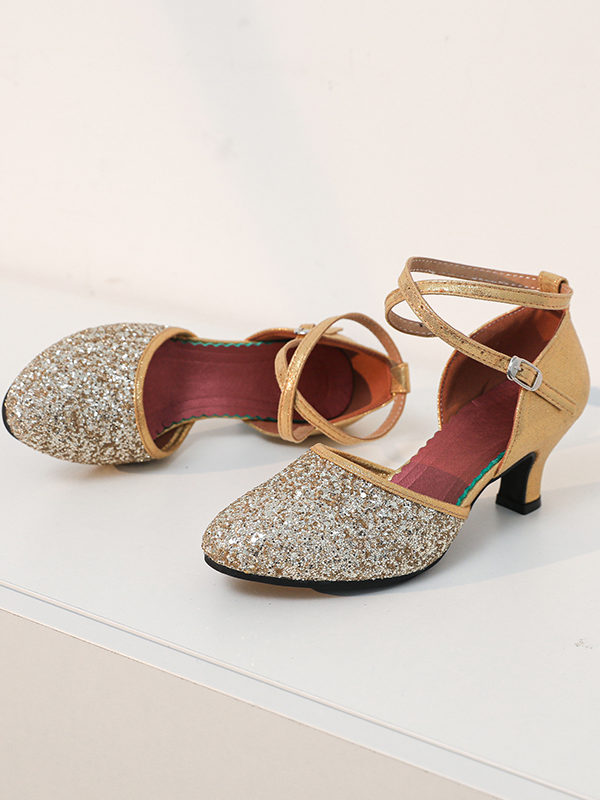 Chaussures de Danse pour Femmes, Chaussures de Danse Latine en Daim à Boucle et Paillettes, Talon Bas et Bout Rond