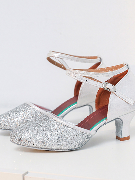Chaussures de Danse pour Femmes, Chaussures de Danse Latine en Daim à Boucle et Paillettes, Talon Bas et Bout Rond