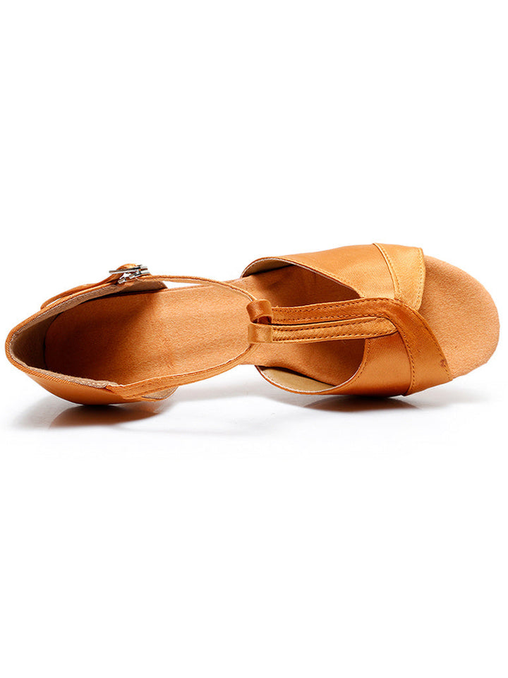 Chaussures de Danse pour Femmes, Chaussures Latines en Satin à Talon et Bride en T et Bout Ouvert