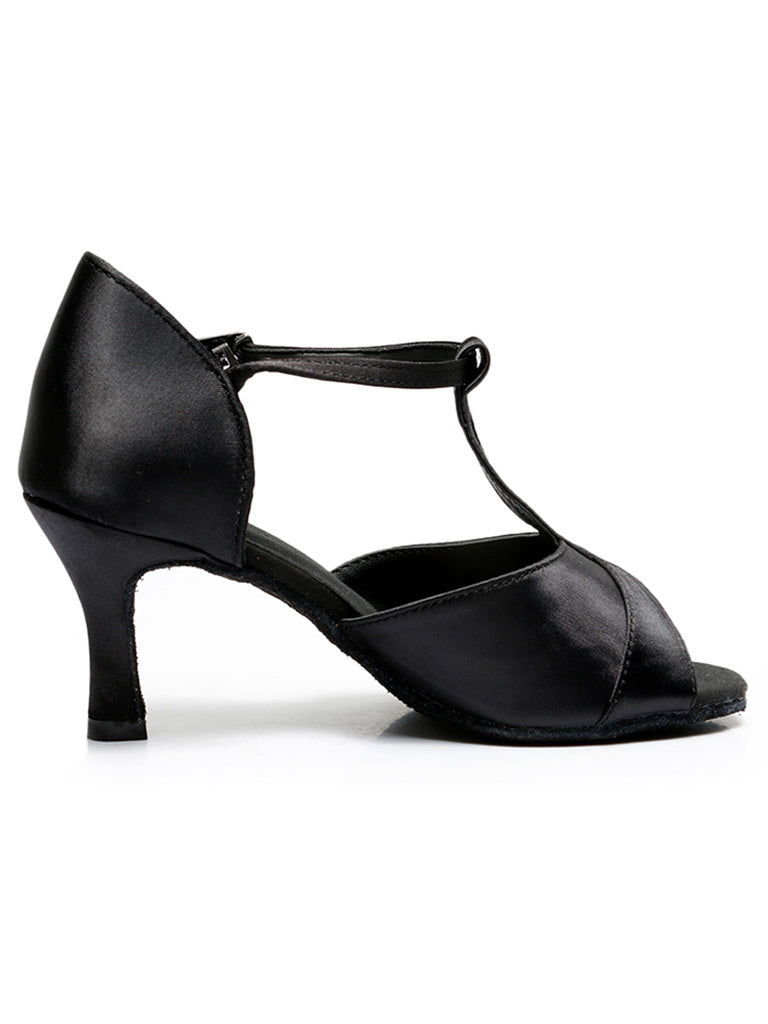 Chaussures de Danse pour Femmes, Chaussures Latines en Satin à Talon et Bride en T et Bout Ouvert