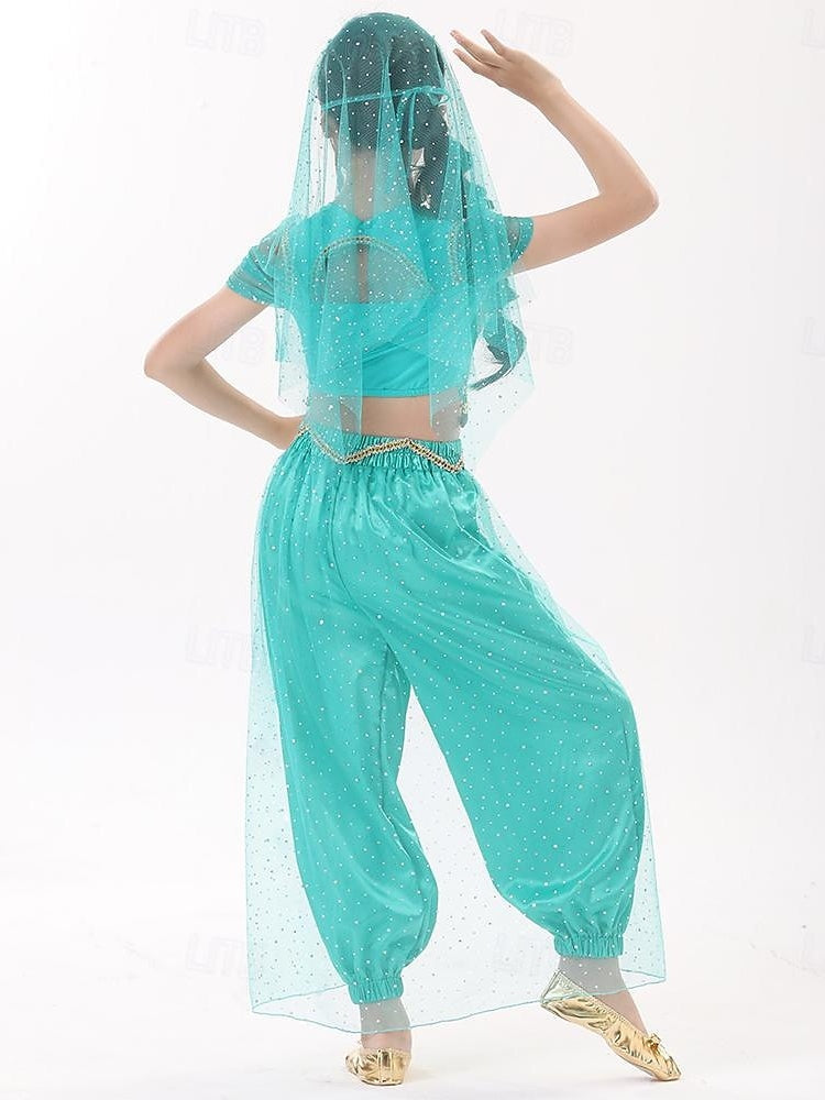 Haut de Danse Du Ventre pour Enfants avec Épissure et Tulle, Couleur Pure et Pièce D'Or